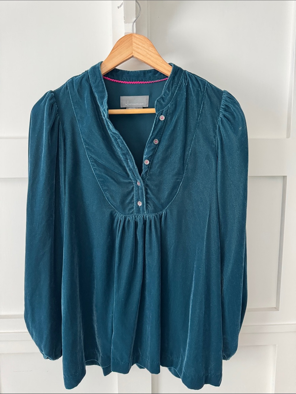 Anthropologie Teal Velvet Peasant Top - Deep Teal